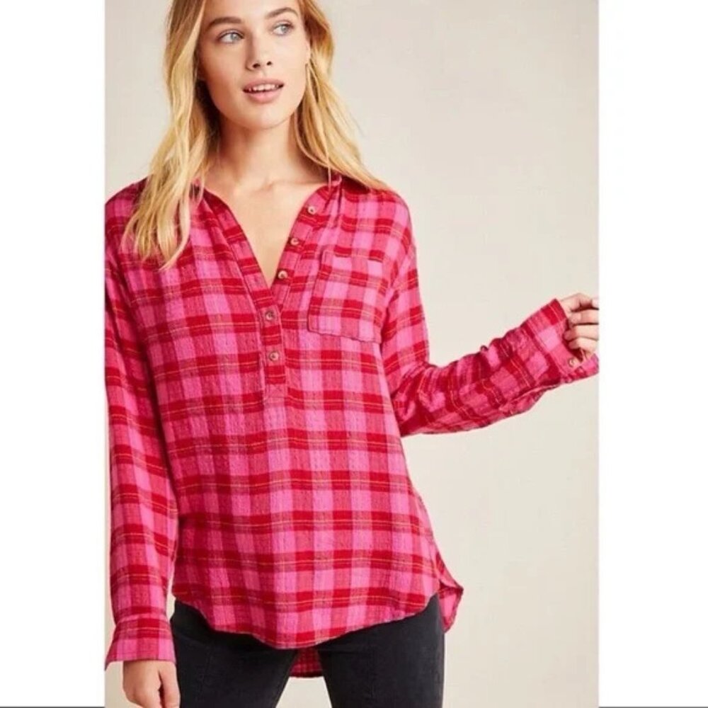 Anthropologie Pink Plaid Isadora‎ Henley Flannel Top